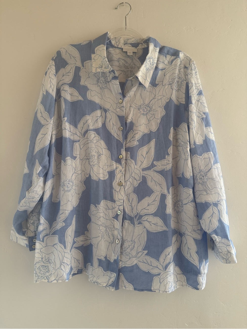 J. Jill Love Linen Blue White Floral 100% Linen Button Front Shirt XL